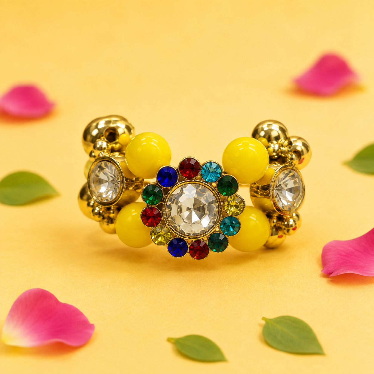 Rhinestone Beaded Open Cuff Kada for Kanha Ji - Yellow & Gold (Size 2) (1 pair)