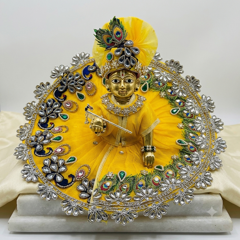Yellow Peacock Feather Kundan Ladoo Gopal Poshak – Complete Set Display
