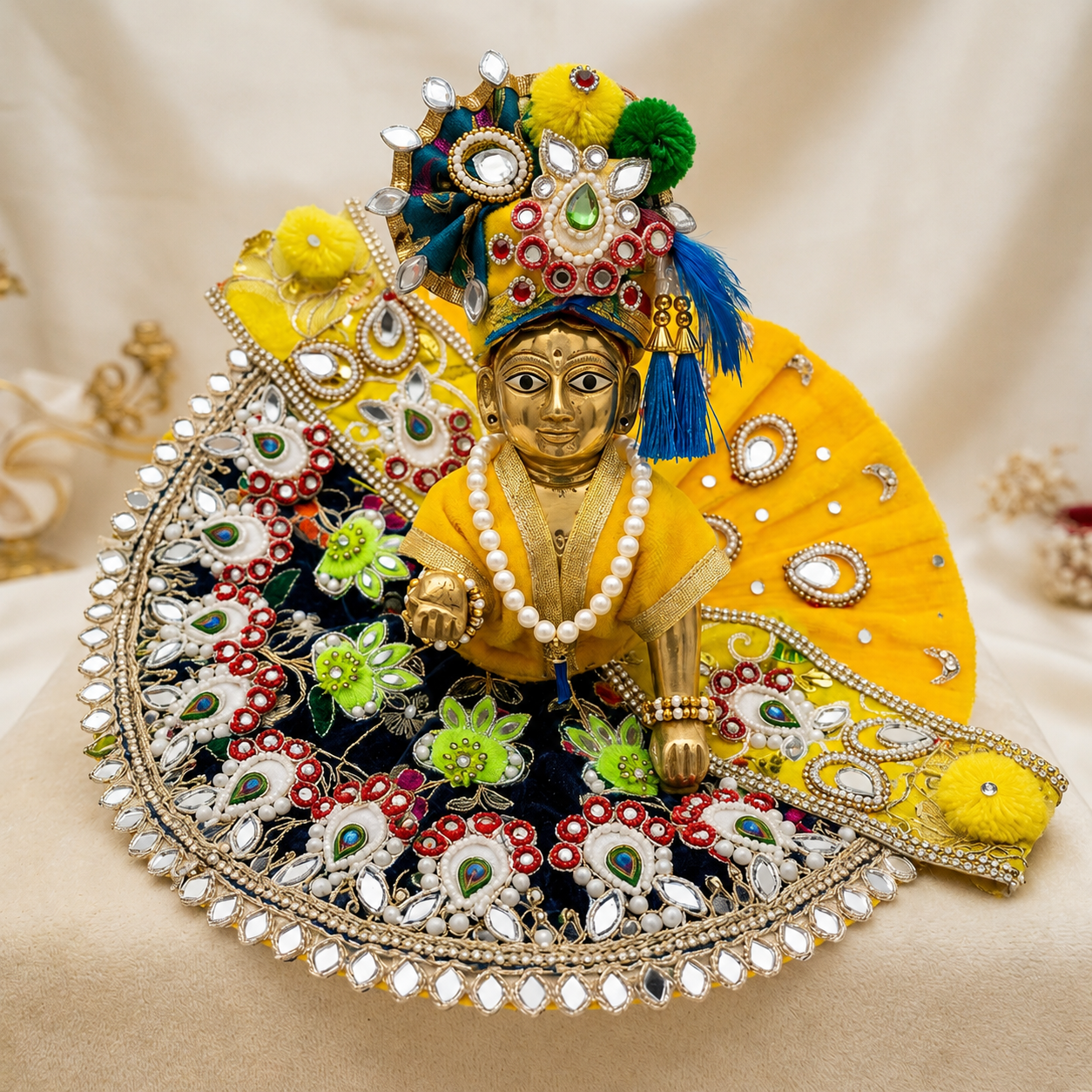 Yellow & Navy Blue Peacock Sequin Ladoo Gopal Poshak Set