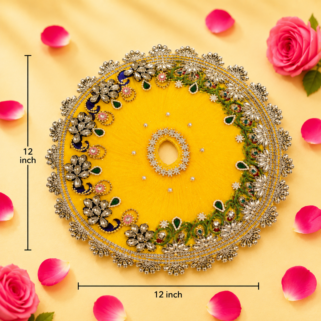 Yellow Peacock Feather Kundan Ladoo Gopal Poshak – Complete Set Display