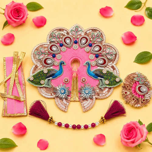 Bal Krishna Peacock Embroidered Laddu Gopal Poshak Set - Pink (Size 5 - Var 2) - JalanJi