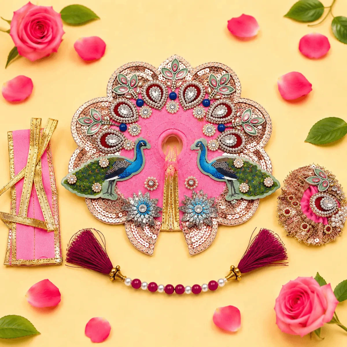 Bal Krishna Peacock Embroidered Laddu Gopal Poshak Set - Pink (Size 6) - JalanJi