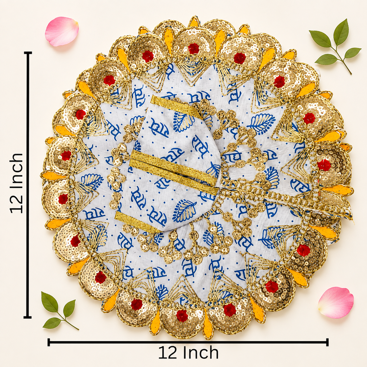 White & Blue "Radhe Radhe" Printed Laddu Gopal Poshak with Heavy Gold & Stone Border