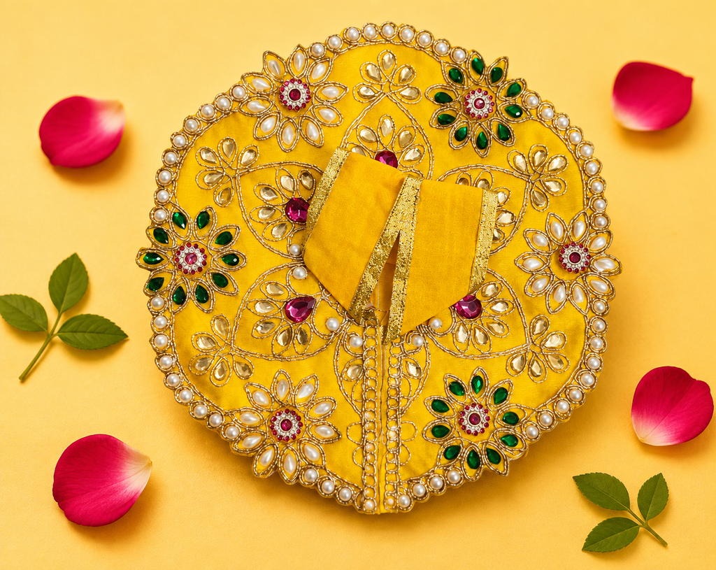 Silk Pearl & Emerald Floral Laddu Gopal Poshak Set with Choli - Yellow (Size 4)