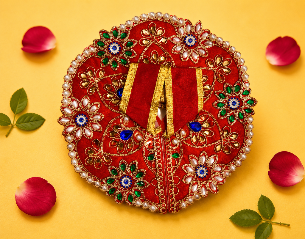 Silk Kundan & Pearl Floral Laddu Gopal Poshak Set with Choli - Red (Size 4)