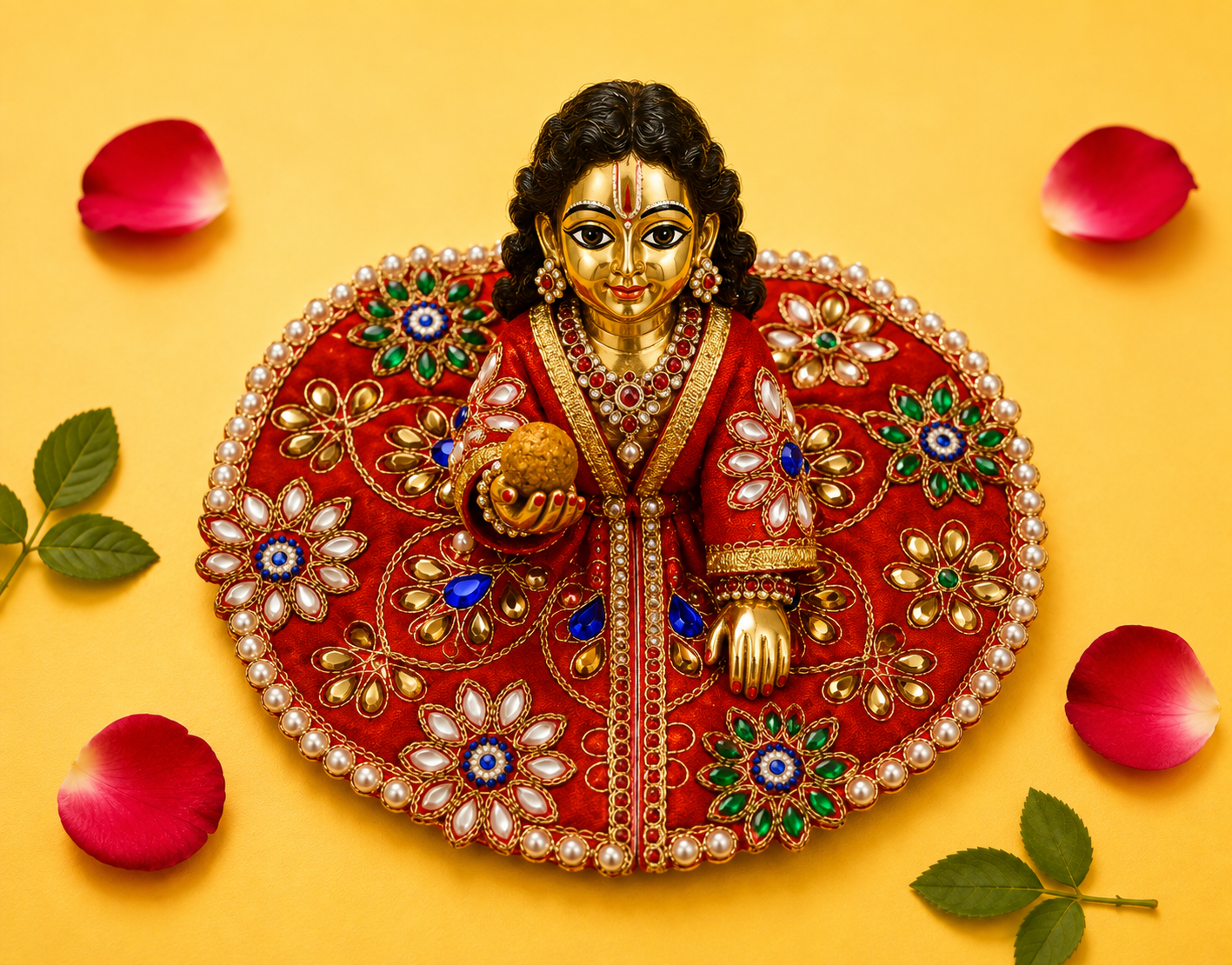 Silk Kundan & Pearl Floral Laddu Gopal Poshak Set with Choli - Red (Size 6)