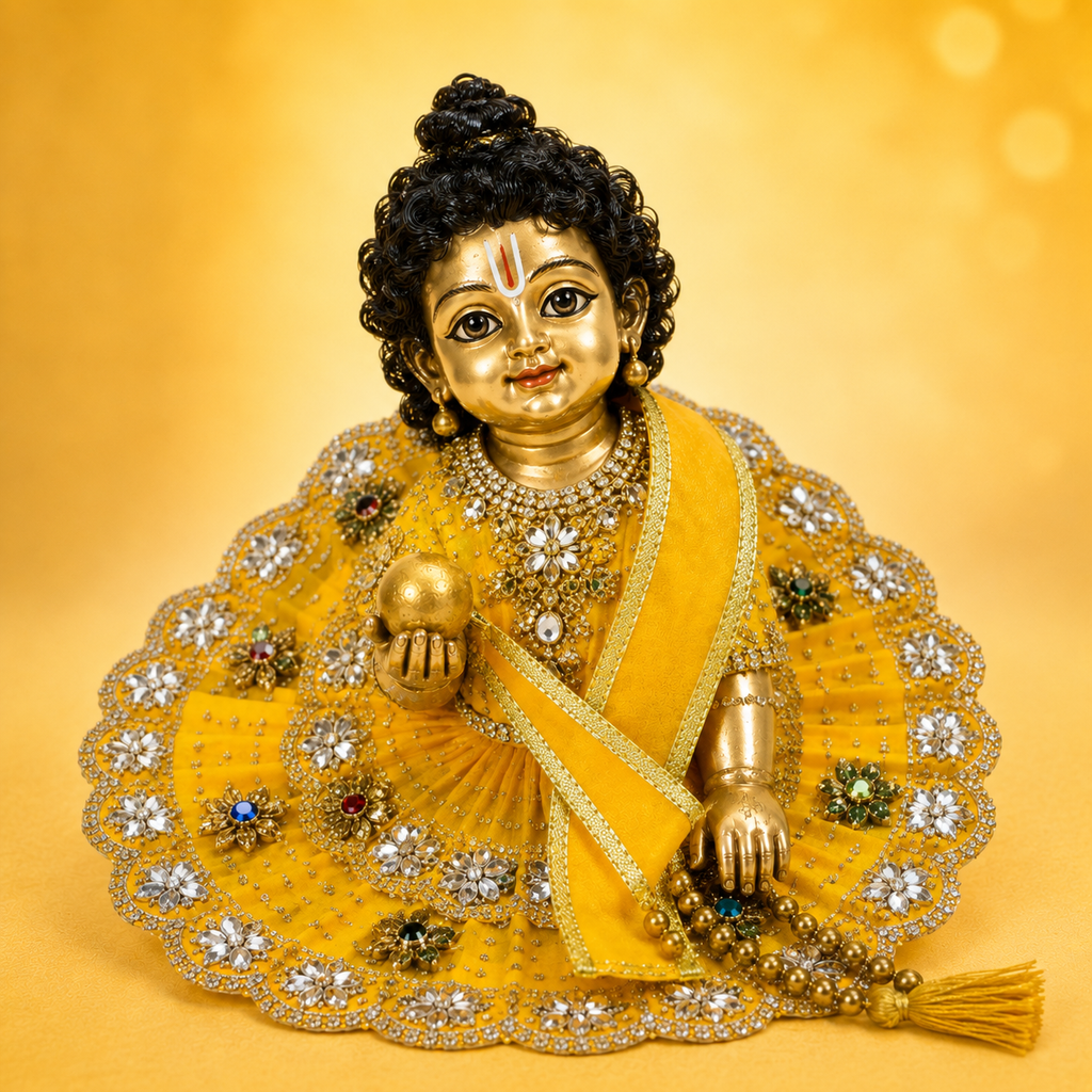 Multi-Tiered Mirror Work Laddu Gopal Poshak - Yellow (Size 5)