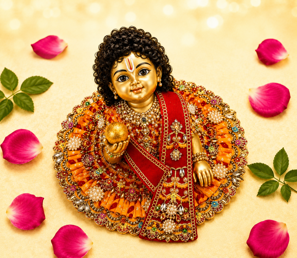 Embellished Silk Laddu Gopal Poshak Set with Patka & Choli - Orange & Red (Size 5)