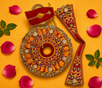 Embellished Silk Laddu Gopal Poshak Set with Patka & Choli - Orange & Red (Size 5)