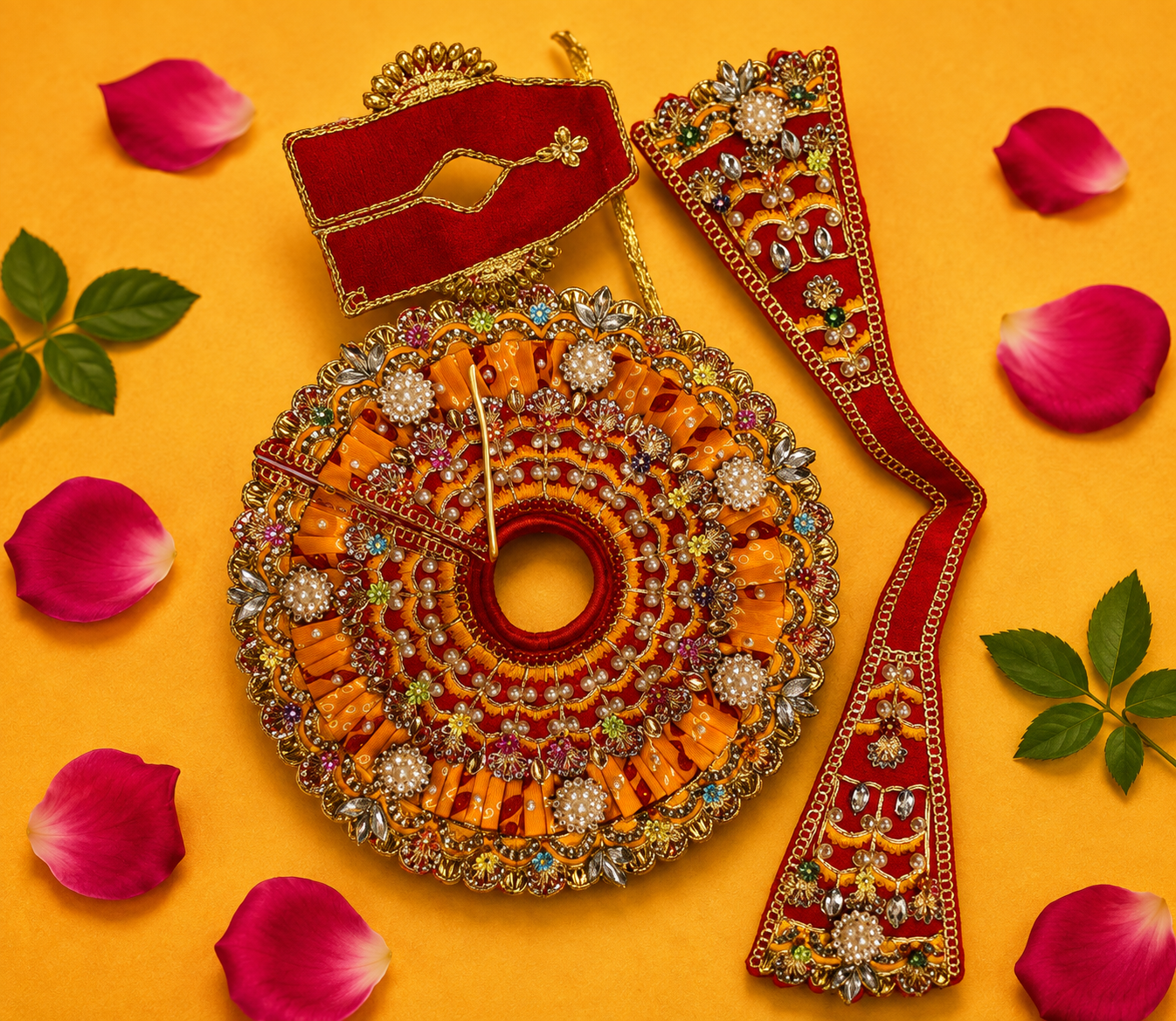 Embellished Silk Laddu Gopal Poshak Set with Patka & Choli - Orange & Red (Size 5)