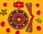 Pearl Work Laddu Gopal Poshak Set with Patka - Maroon & Orange (Size 5)
