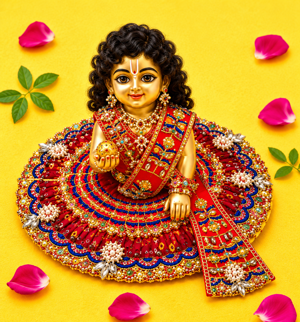 Pearl Work Laddu Gopal Poshak Set with Patka - Maroon & Orange (Size 5)