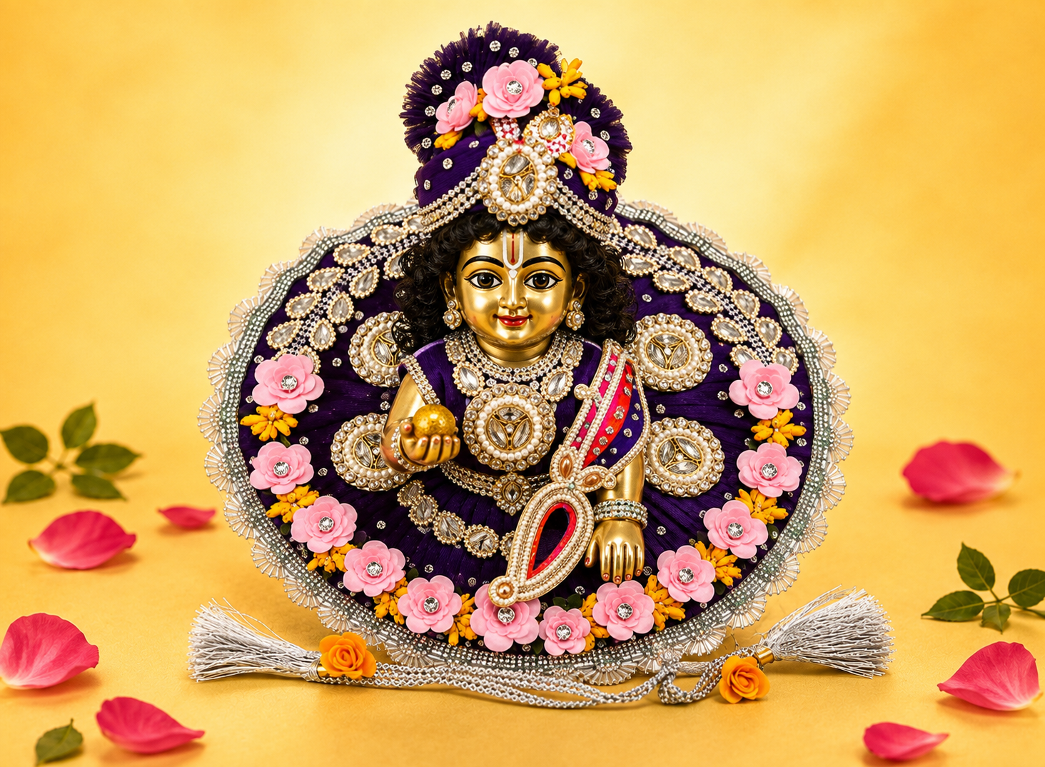 Velvet 3D Floral Laddu Gopal Poshak with Mukut - Purple (Size 5)