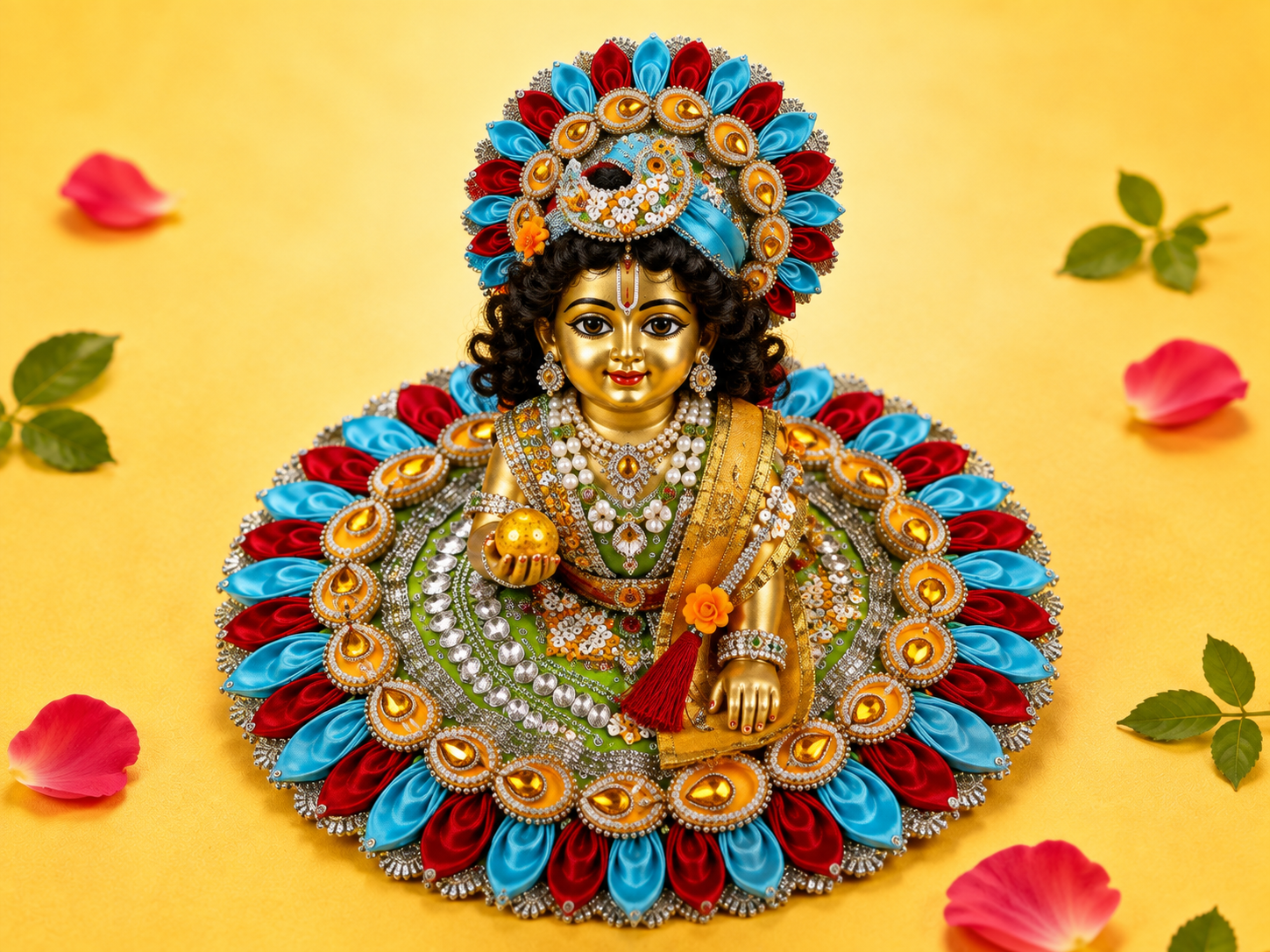 Satin Petal Kundan Laddu Gopal Poshak with Mukut & Patka - Multicolor (Size 5)