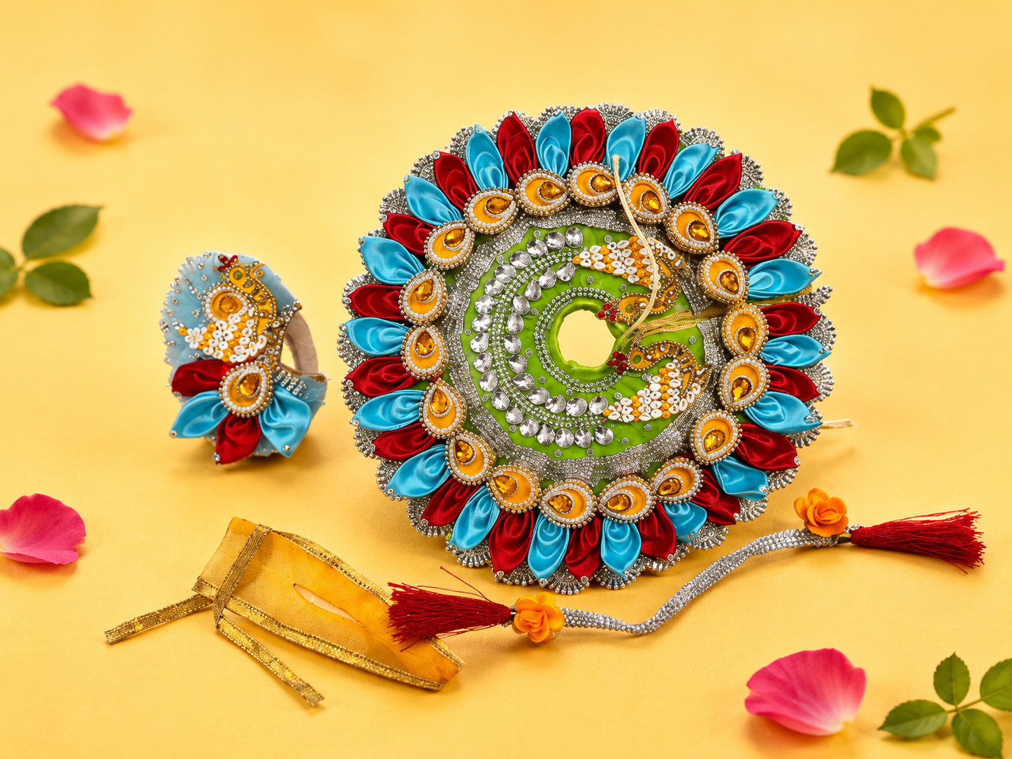 Satin Petal Kundan Laddu Gopal Poshak with Mukut & Patka - Multicolor (Size 5)
