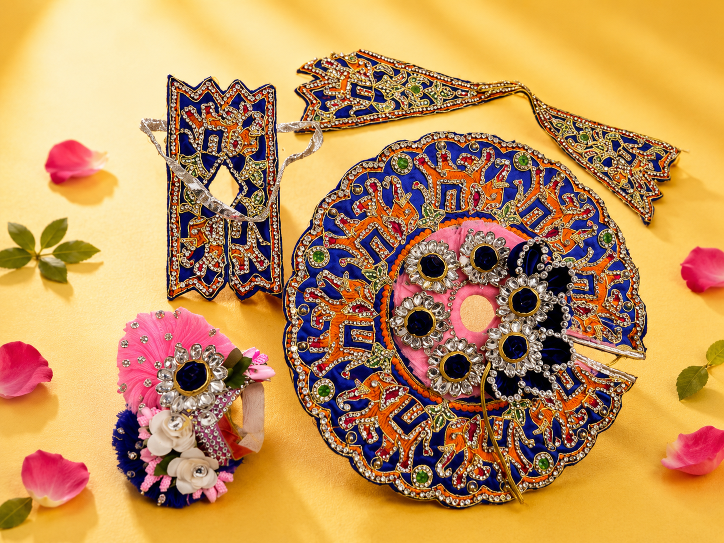 Elephant Motif Silk Laddu Gopal Poshak with Mukut & Patka - Royal Blue (Size 5)