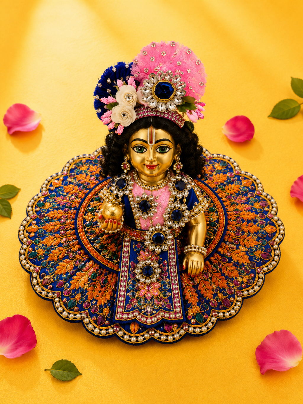 Elephant Motif Silk Laddu Gopal Poshak with Mukut & Patka - Royal Blue (Size 5)