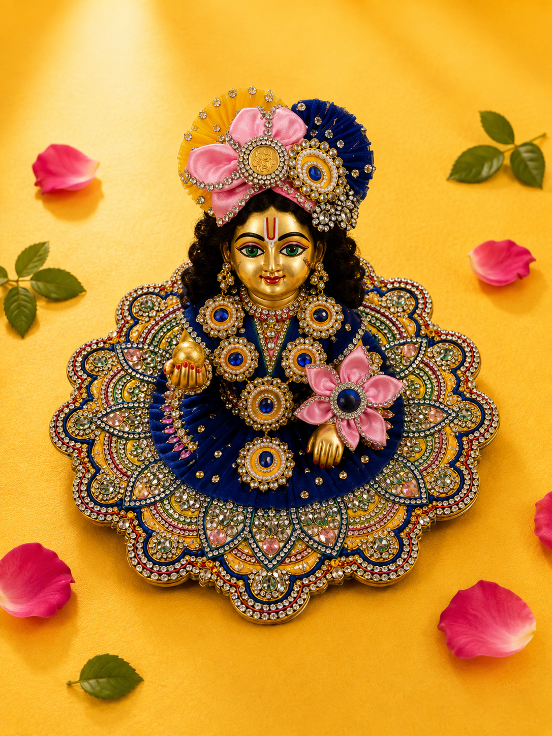 Star Shape 3D Floral Laddu Gopal Poshak with Mukut & Patka - Blue & Yellow (Size 5)