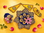 Star Shape 3D Floral Laddu Gopal Poshak with Mukut & Patka - Blue & Yellow (Size 5)