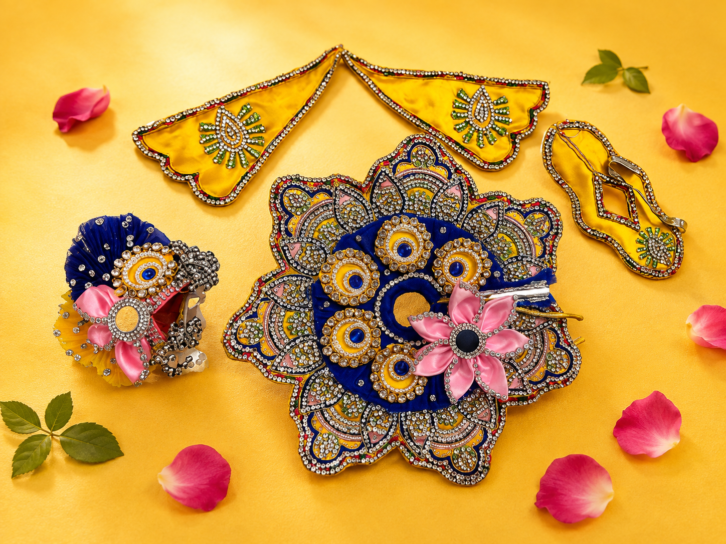 Star Shape 3D Floral Laddu Gopal Poshak with Mukut & Patka - Blue & Yellow (Size 5)
