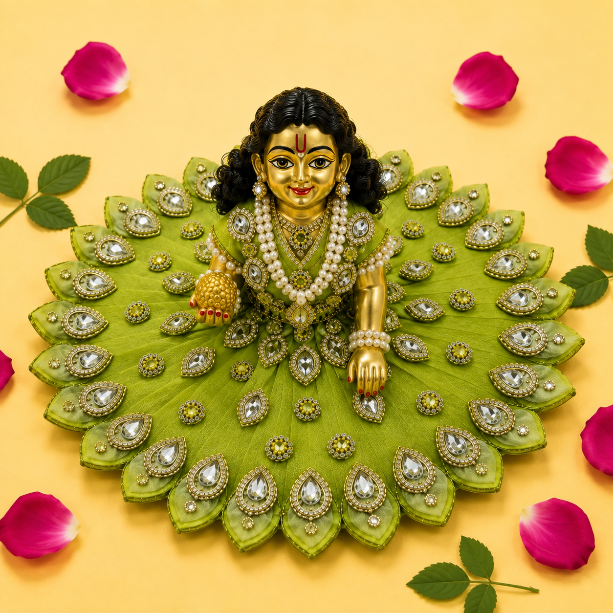 Pleated Petal Kundan Laddu Gopal Poshak - Pista Green (Size 6)