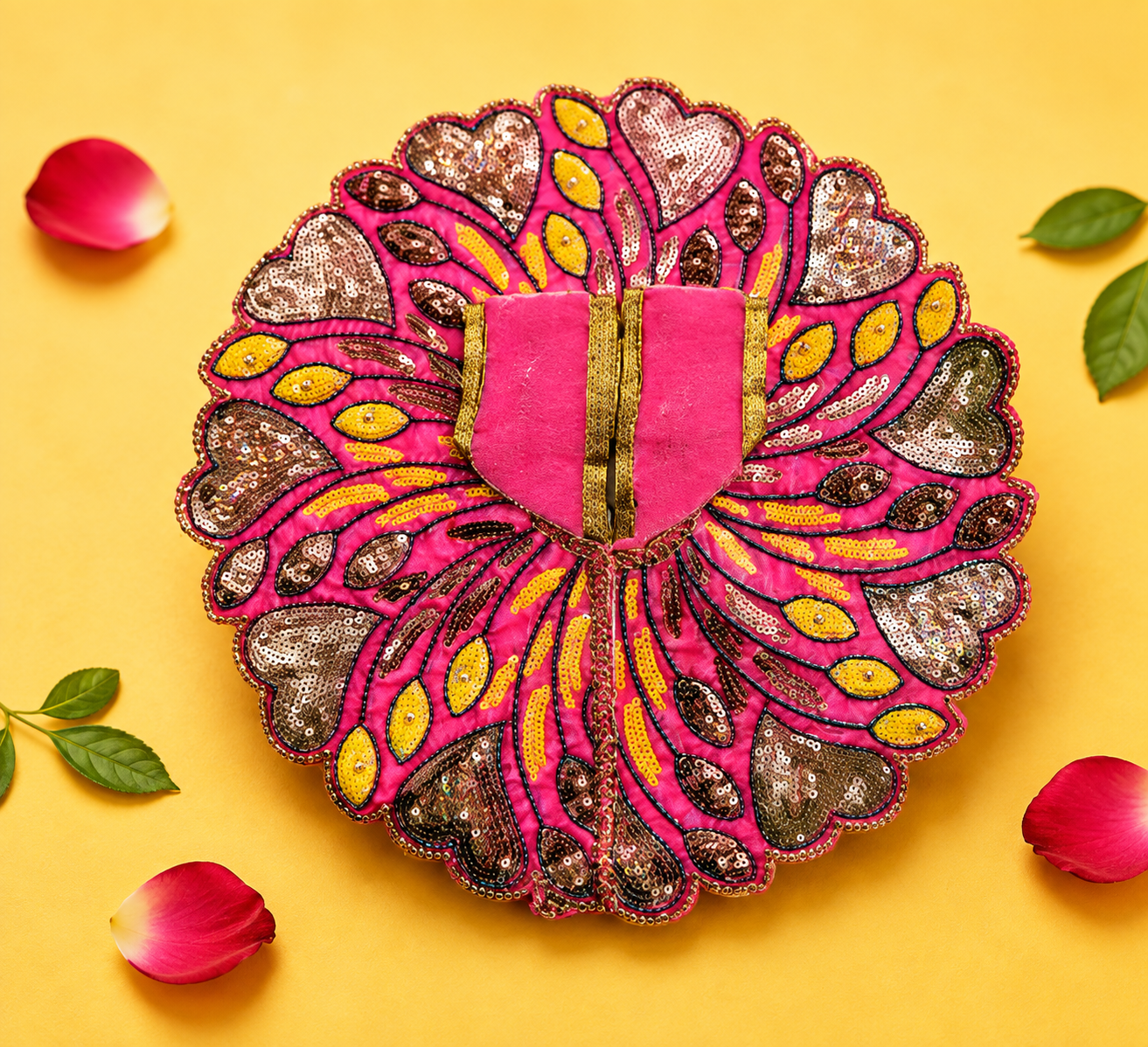 Sequin Heart Motif Laddu Gopal Poshak - Hot Pink & Yellow (Size 5)