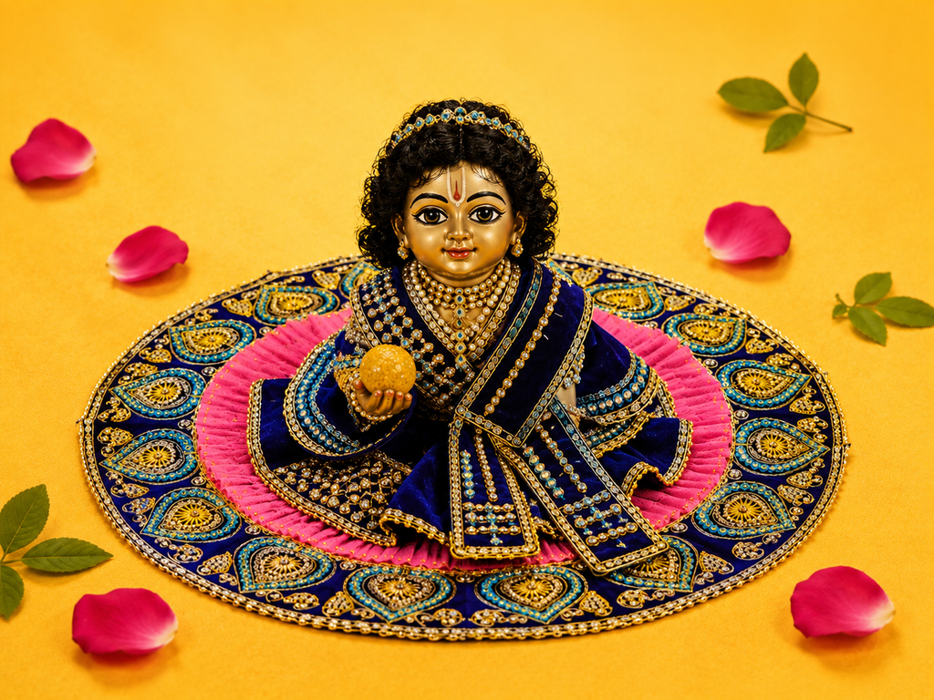 Teardrop Kundan Laddu Gopal Poshak Set with Patka & Choli - Deep Blue & Pink (Size 6)