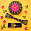 Teardrop Kundan Laddu Gopal Poshak Set with Patka & Choli - Deep Blue & Pink (Size 6)