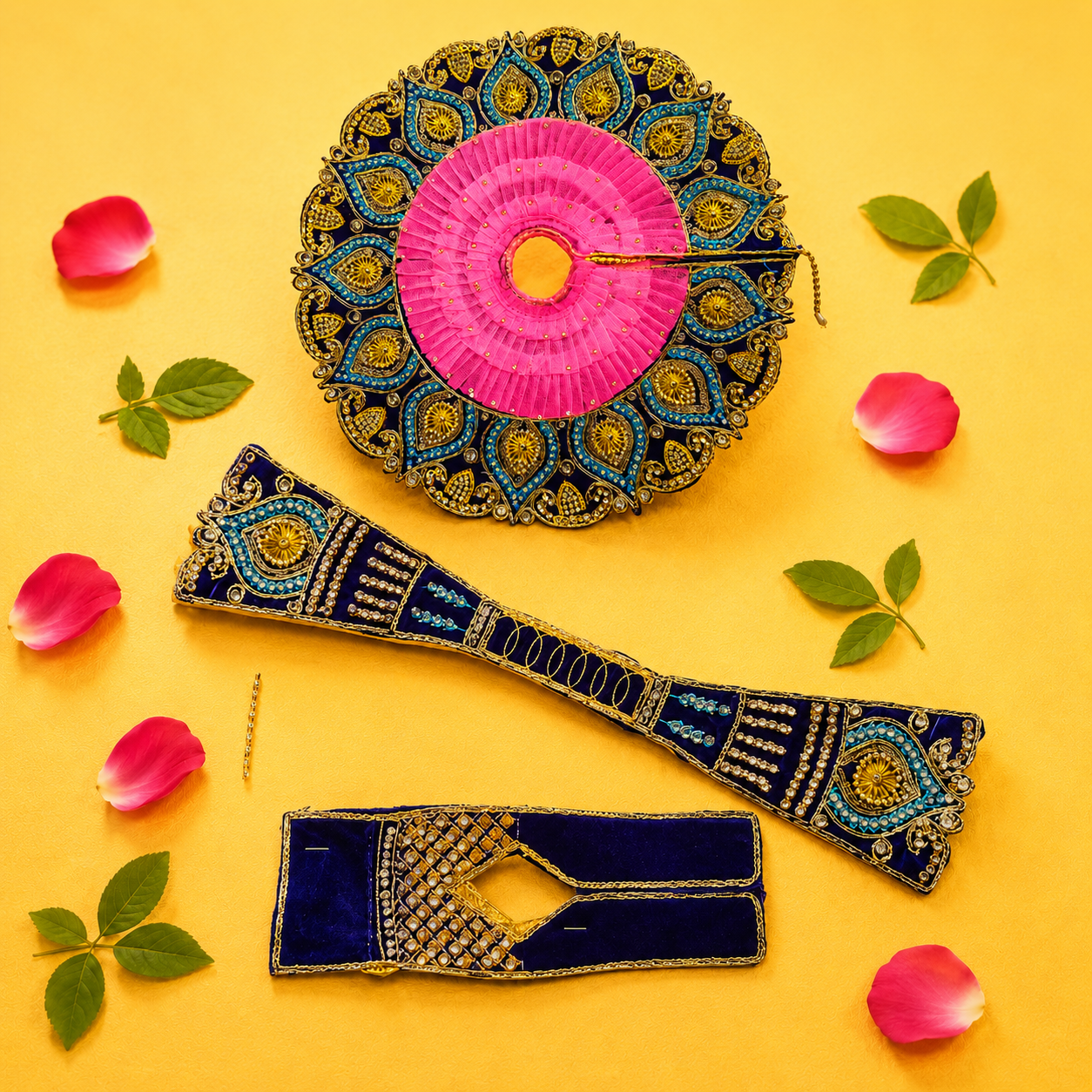 Teardrop Kundan Laddu Gopal Poshak Set with Patka & Choli - Deep Blue & Pink (Size 6)