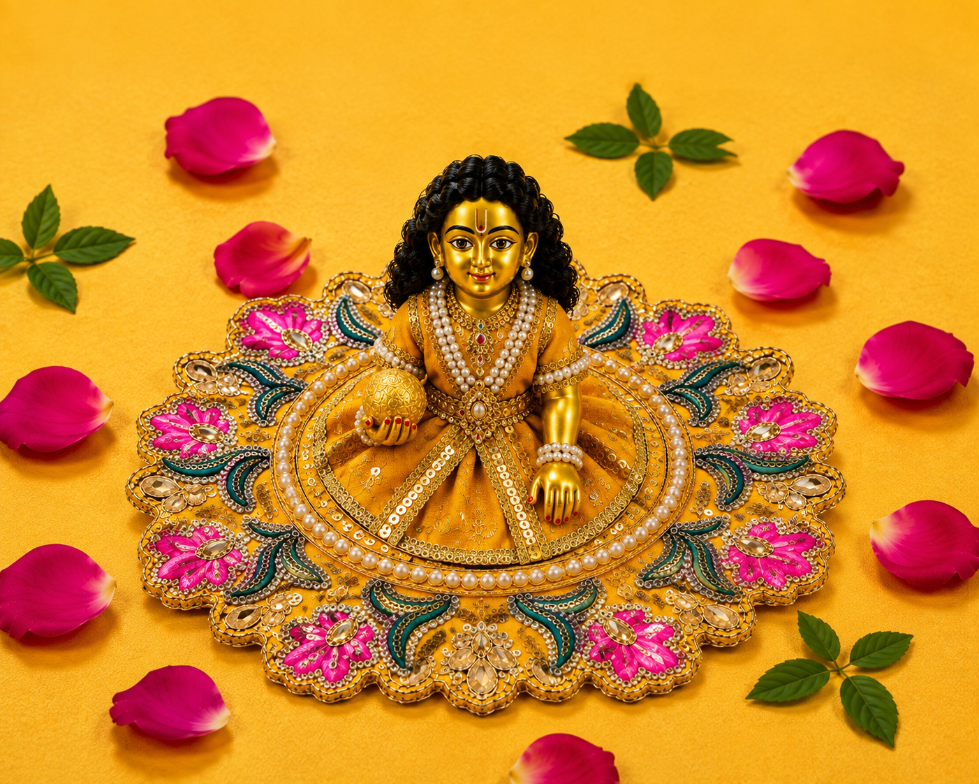 Zari Floral Laddu Gopal Poshak Set with Choli - Yellow & Pink (Size 4)