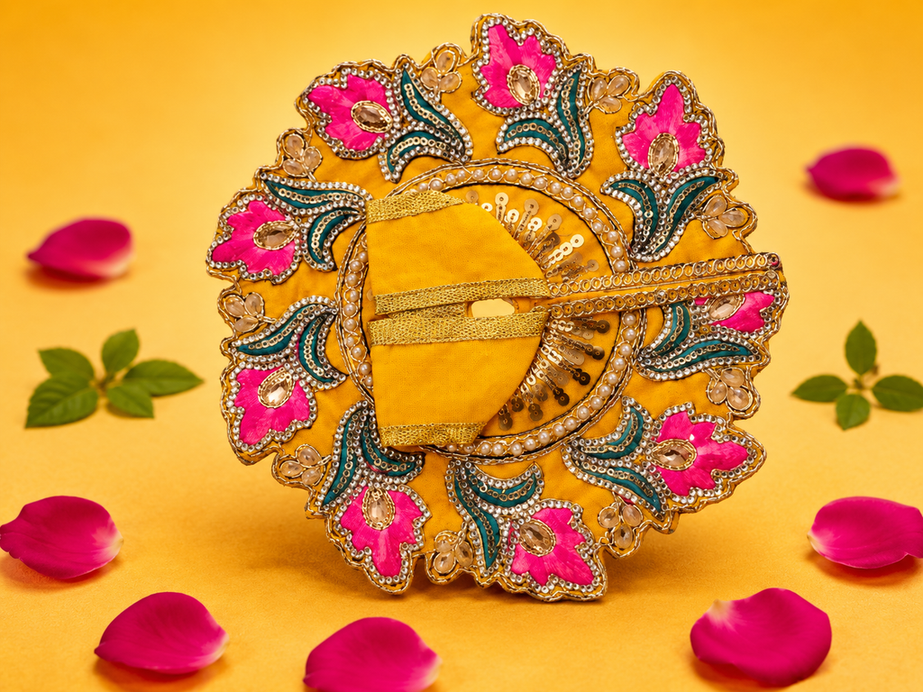 Zari Floral Laddu Gopal Poshak Set with Choli - Yellow & Pink (Size 4)