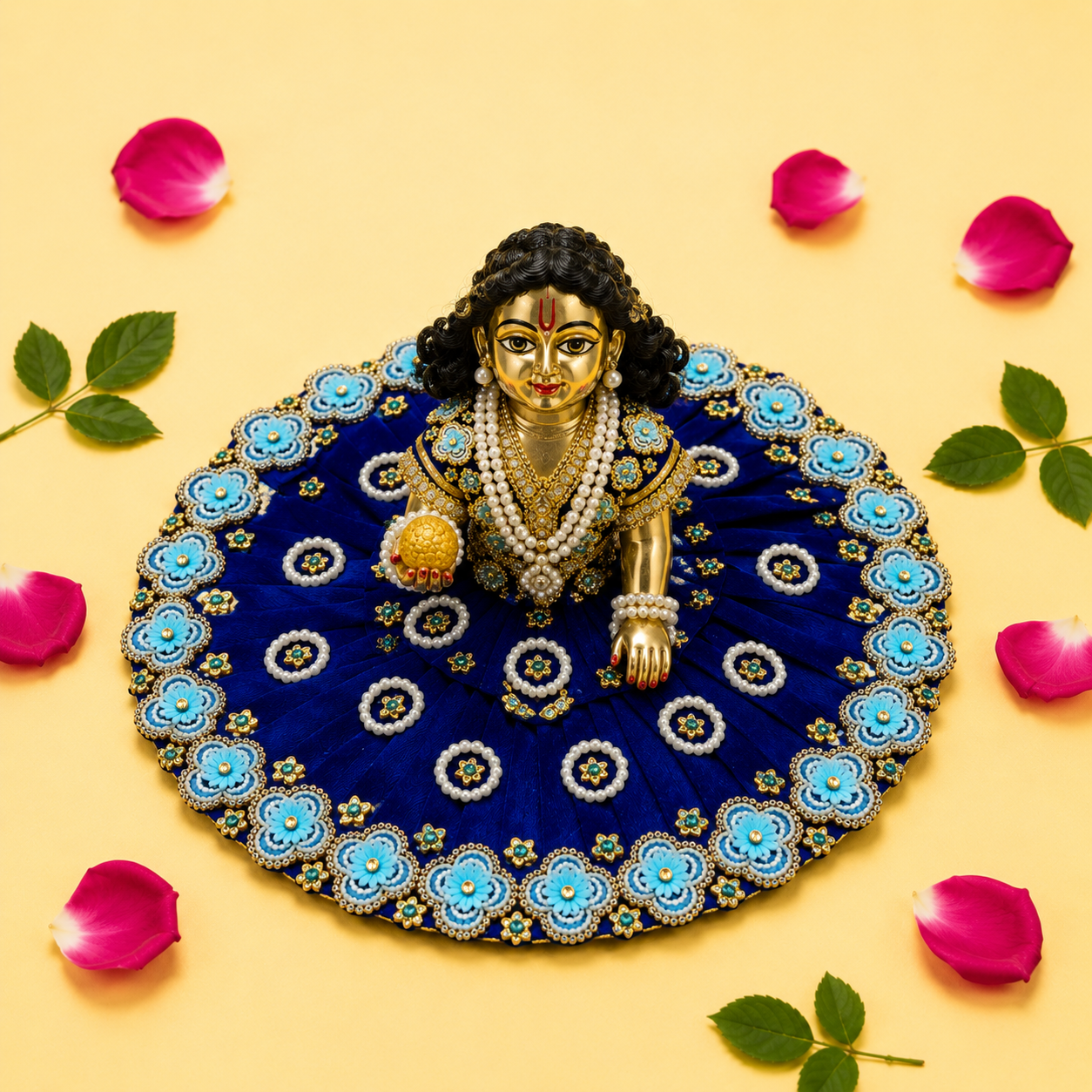 Pearl Floral Border Laddu Gopal Poshak - Royal Blue (Size 6)