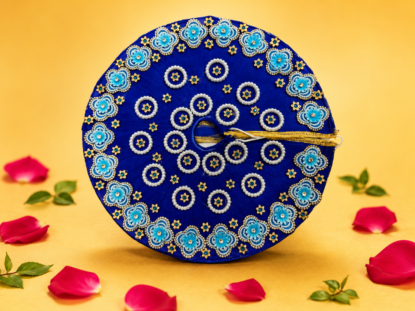 Pearl Floral Border Laddu Gopal Poshak - Royal Blue (Size 6)