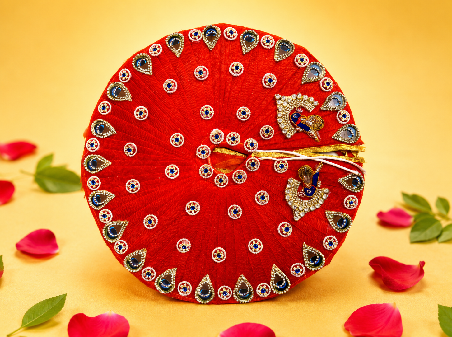 Pleated Peacock Kundan Laddu Gopal Poshak - Red (Size 6)