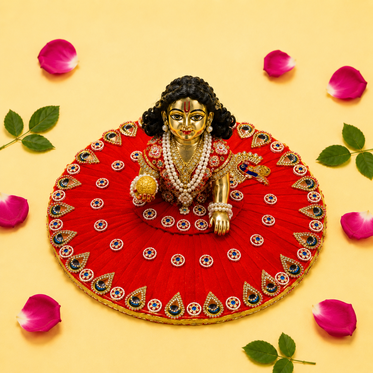 Pleated Peacock Kundan Laddu Gopal Poshak - Red (Size 6)