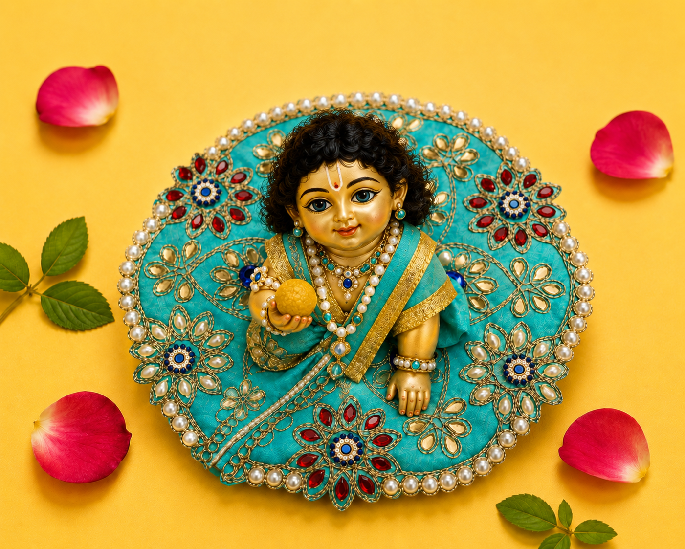 Silk Kundan & Pearl Floral Laddu Gopal Poshak Set with Choli - Turquoise Blue (Size 4)