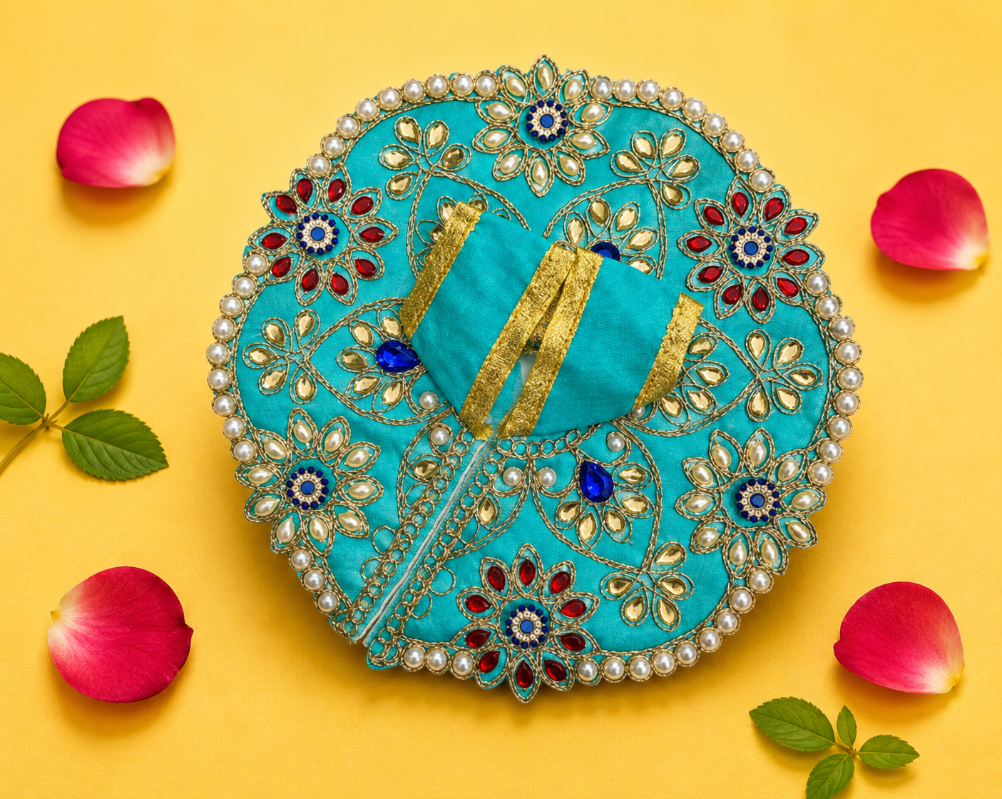 Silk Kundan & Pearl Floral Laddu Gopal Poshak Set with Choli - Turquoise Blue (Size 6)