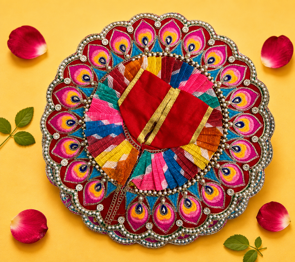 Embroidered Peacock Border Laddu Gopal Poshak - Multicolor (Size 6)