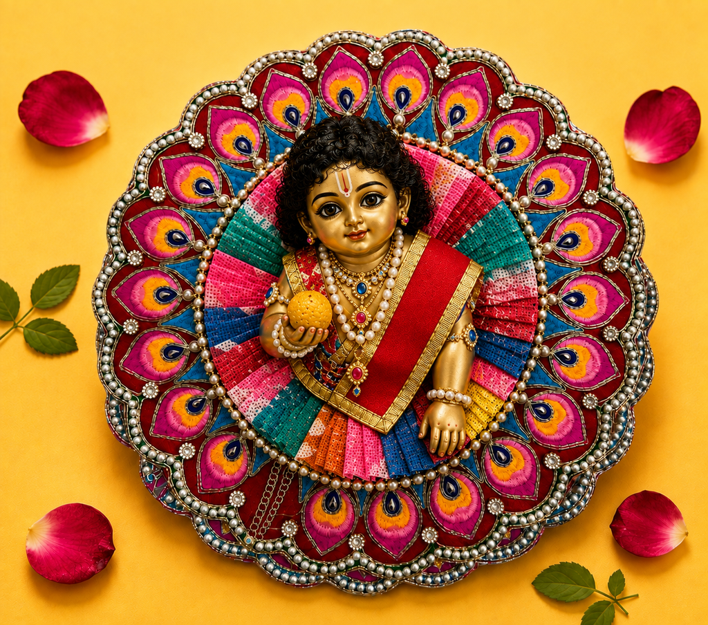 Embroidered Peacock Border Laddu Gopal Poshak - Multicolor (Size 6)