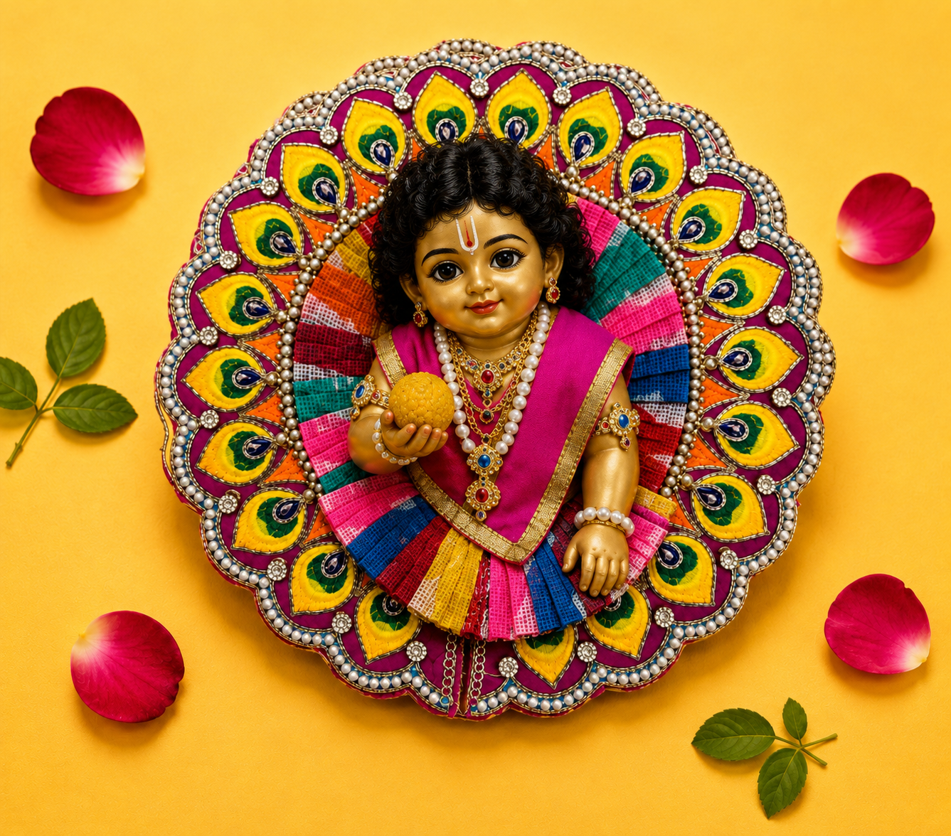 Magenta Peacock Border Laddu Gopal Poshak - Multicolor (Size 6)