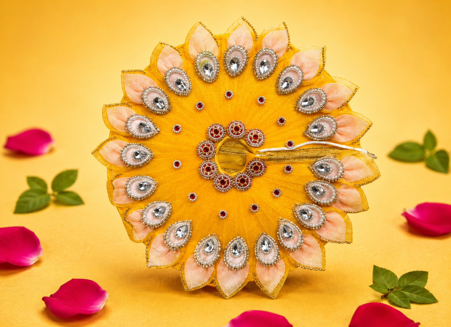 Peach Petal Border Kundan Laddu Gopal Poshak - Yellow (Size 5)