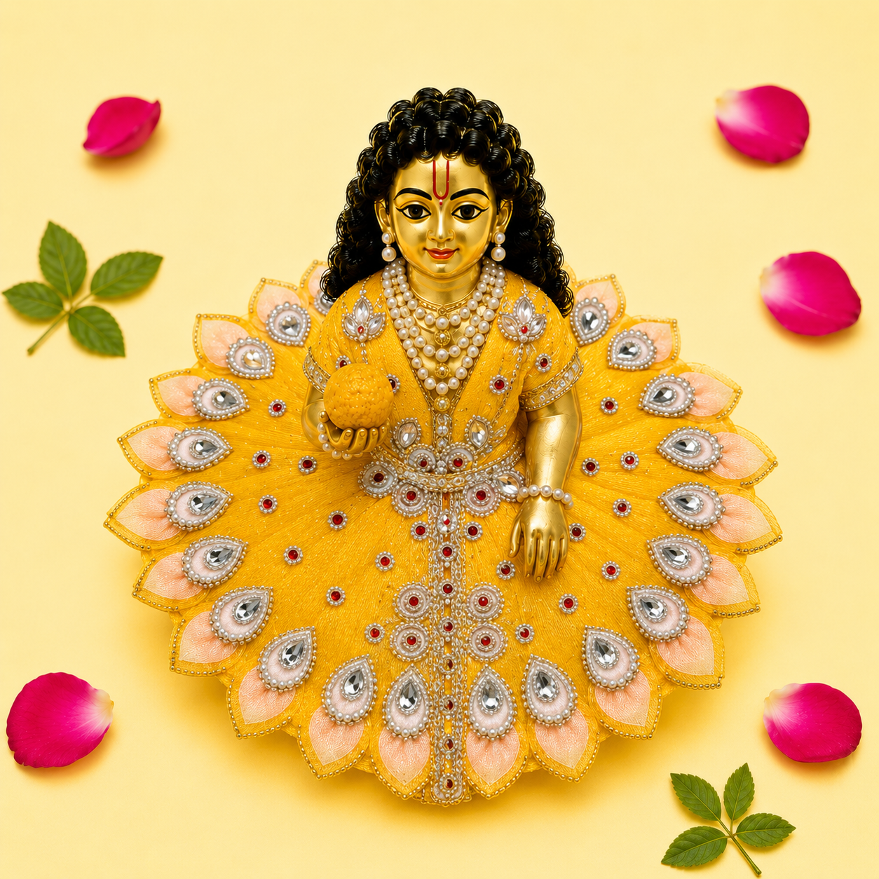 Peach Petal Border Kundan Laddu Gopal Poshak - Yellow (Size 5)