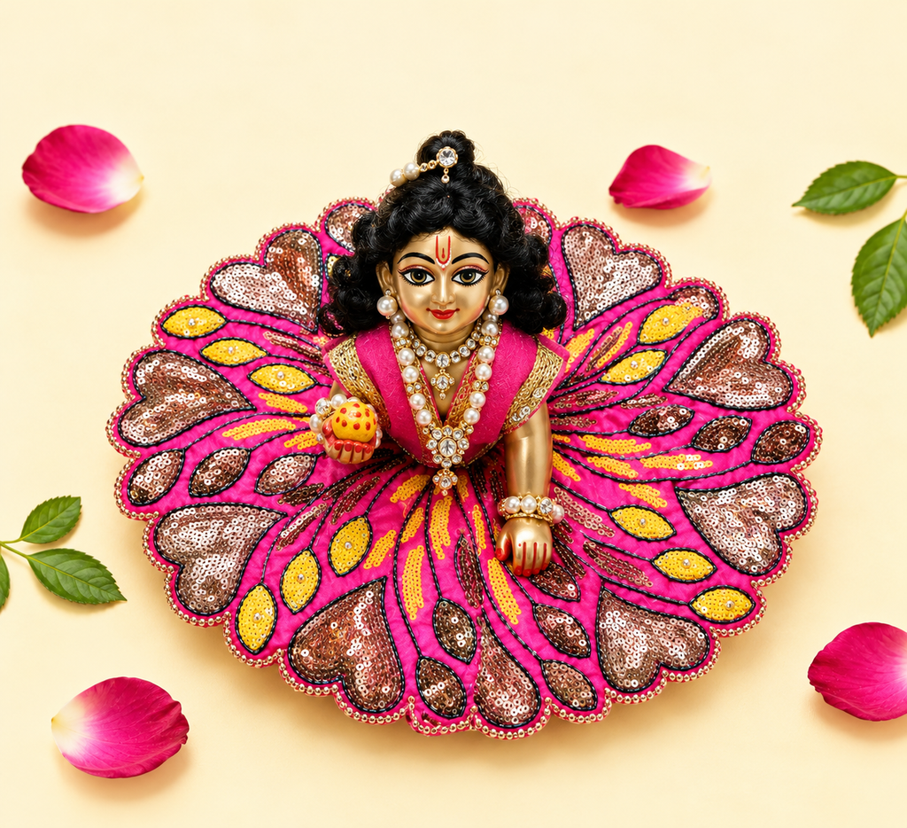 Sequin Heart Motif Laddu Gopal Poshak - Hot Pink & Yellow (Size 5)