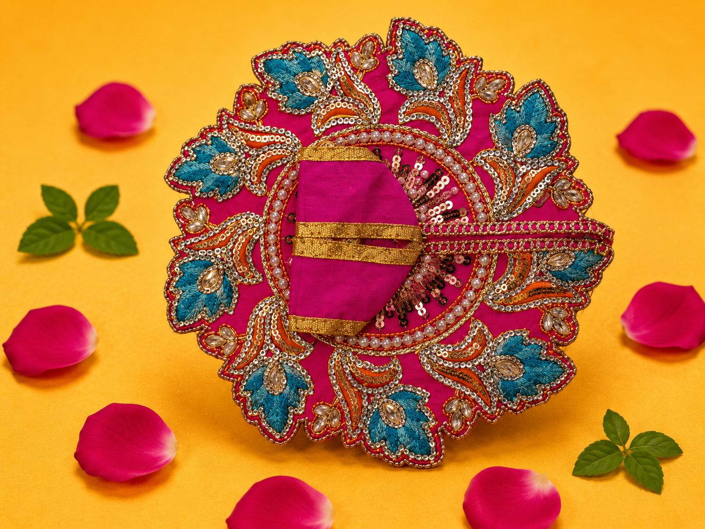 Zari Floral Laddu Gopal Poshak Set with Choli - Magenta & Blue (Size 4)