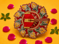 Zari Floral Laddu Gopal Poshak Set with Choli - Red & Yellow (Size 4)