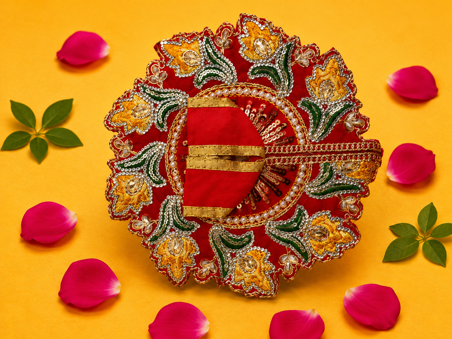 Zari Floral Laddu Gopal Poshak Set with Choli - Red & Yellow (Size 4)