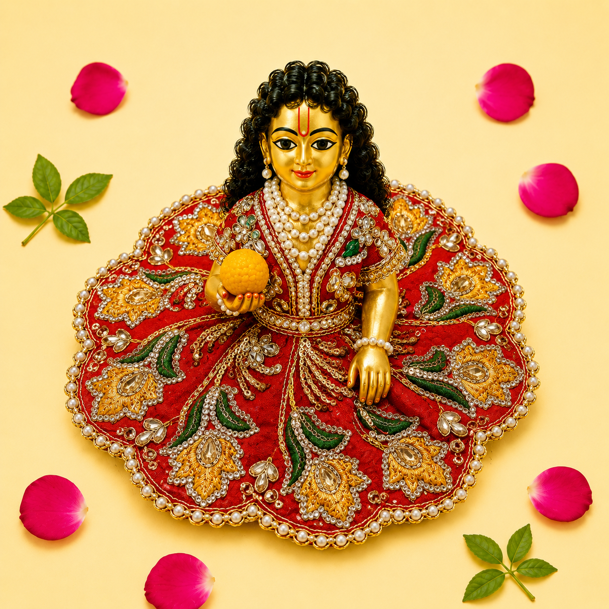 Zari Floral Laddu Gopal Poshak Set with Choli - Red & Yellow (Size 4)