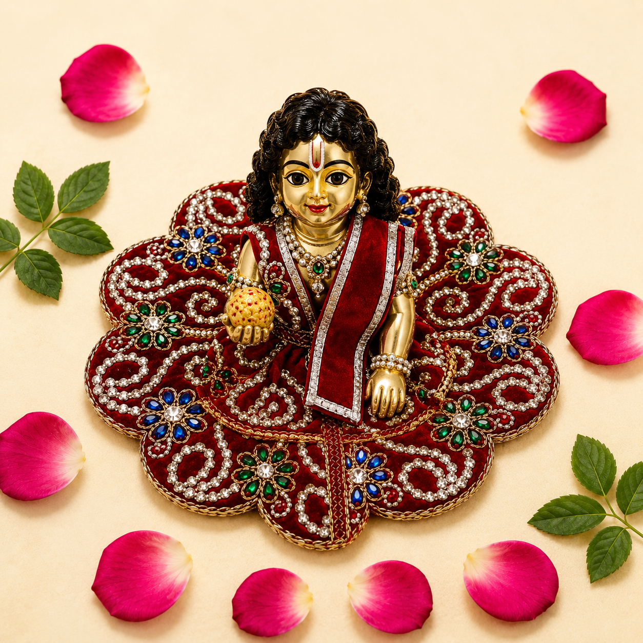 Velvet Silver Swirl Laddu Gopal Poshak - Red (Size 5)