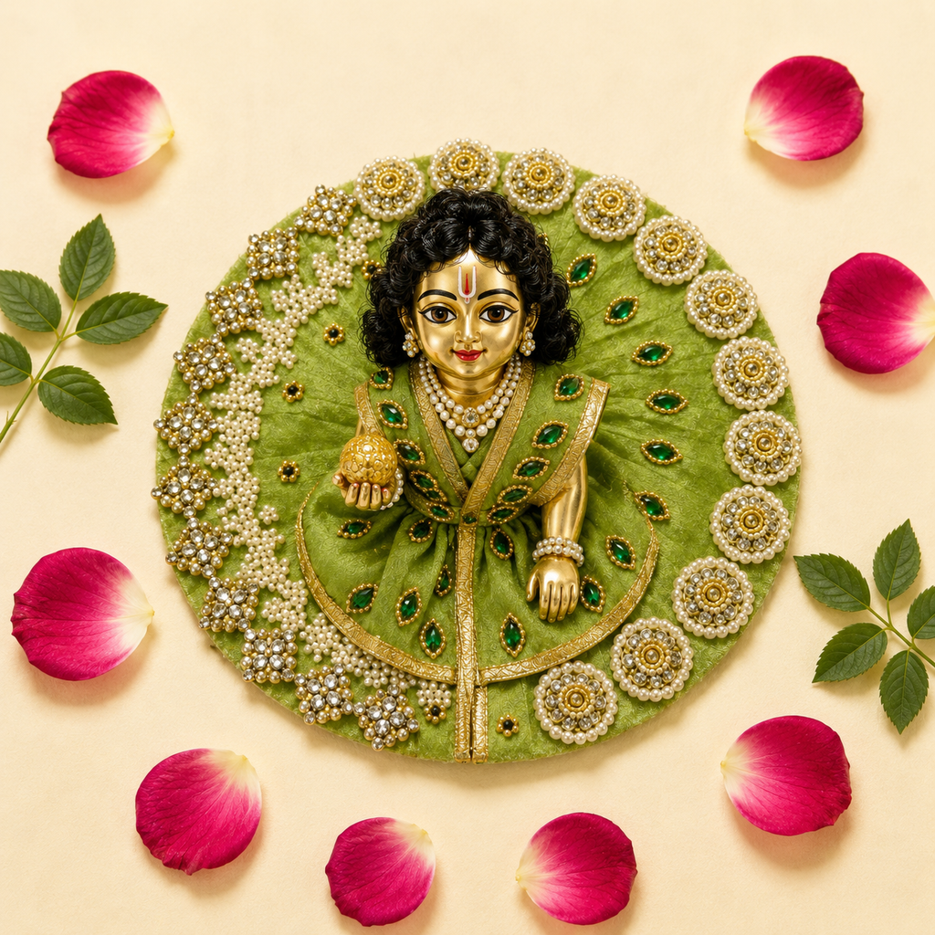 Pleated Pearl & Kundan Laddu Gopal Poshak - Pista Green (Size 6)