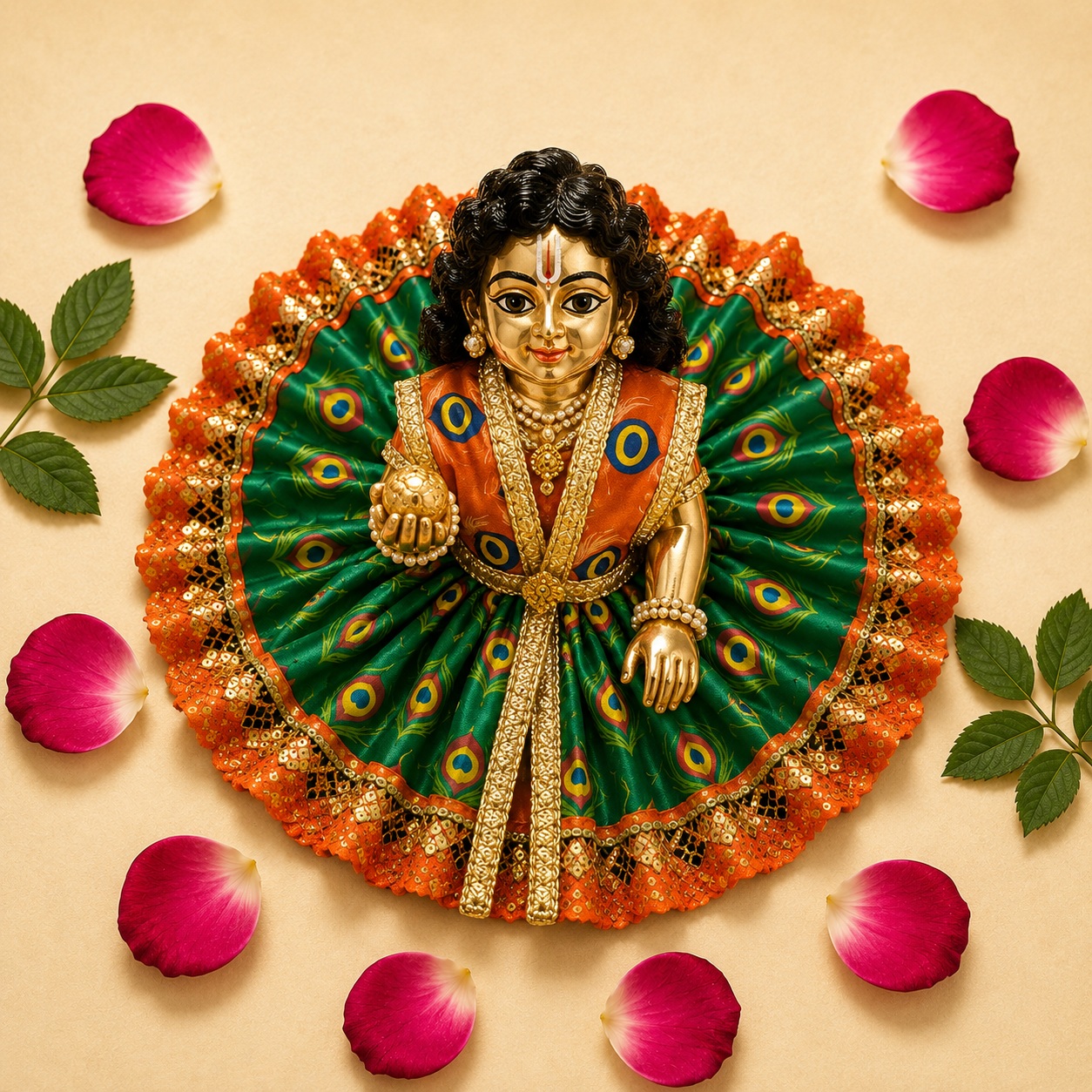 Mor Pankh Print Laddu Gopal Poshak Set with Choli - Green & Orange (Size 5)